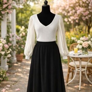 NWT A. Byer Ivory Ribbed Knit Top Pleated Puff Sleeves V-Neck Women's S Coquette